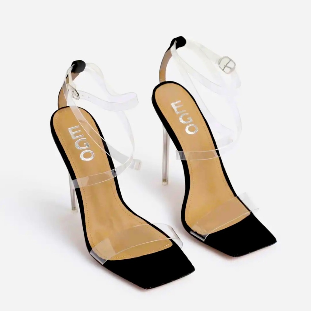SQUARE TOE CLEAR PERSPEX HEEL IN BLACK FAUX SUEDE